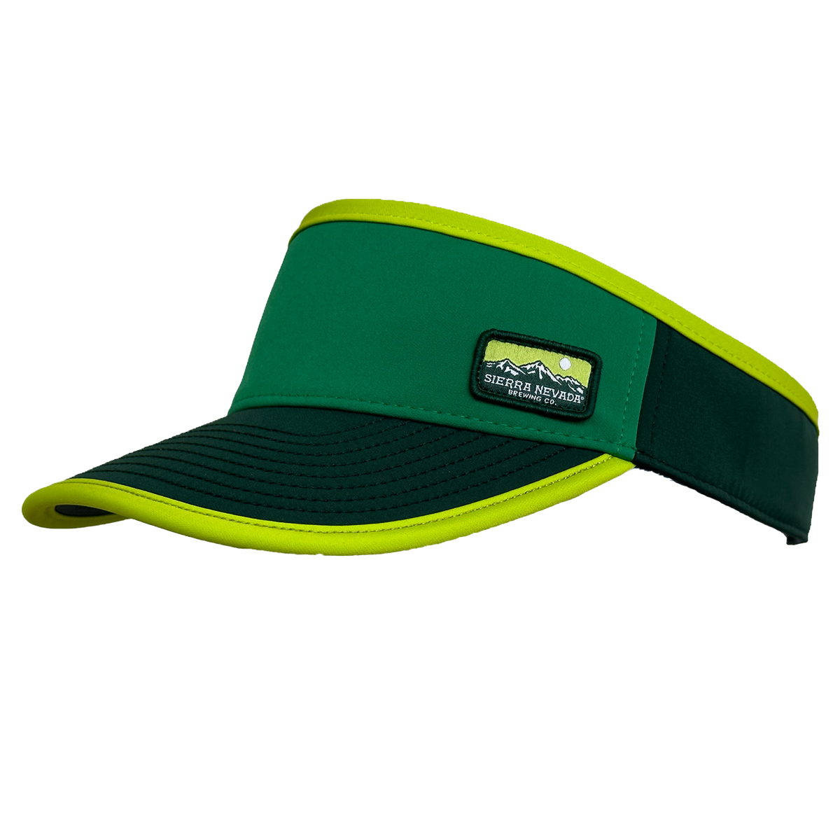 A green and neon yellow-green visor hat with a dark green curved brim, featuring a rectangular logo patch on the front.
