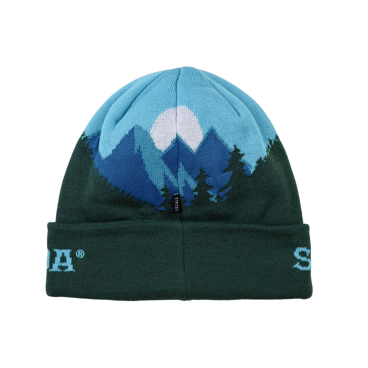 Knitted beanie with mountain design on a white background