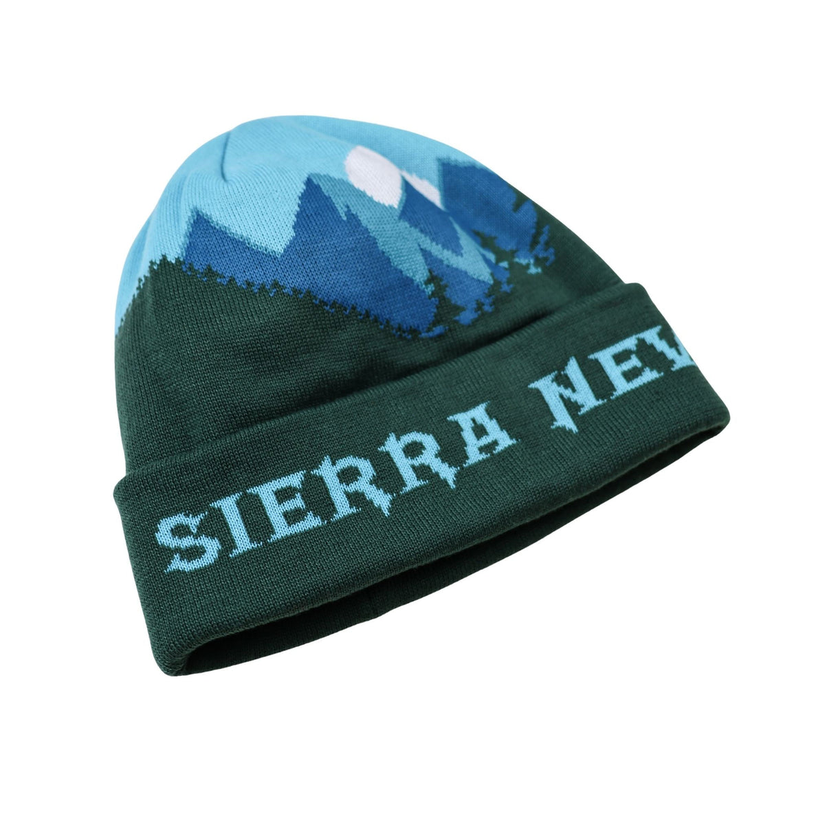 Knitted beanie with mountain design and 'Sierra Nevada' text on a white background