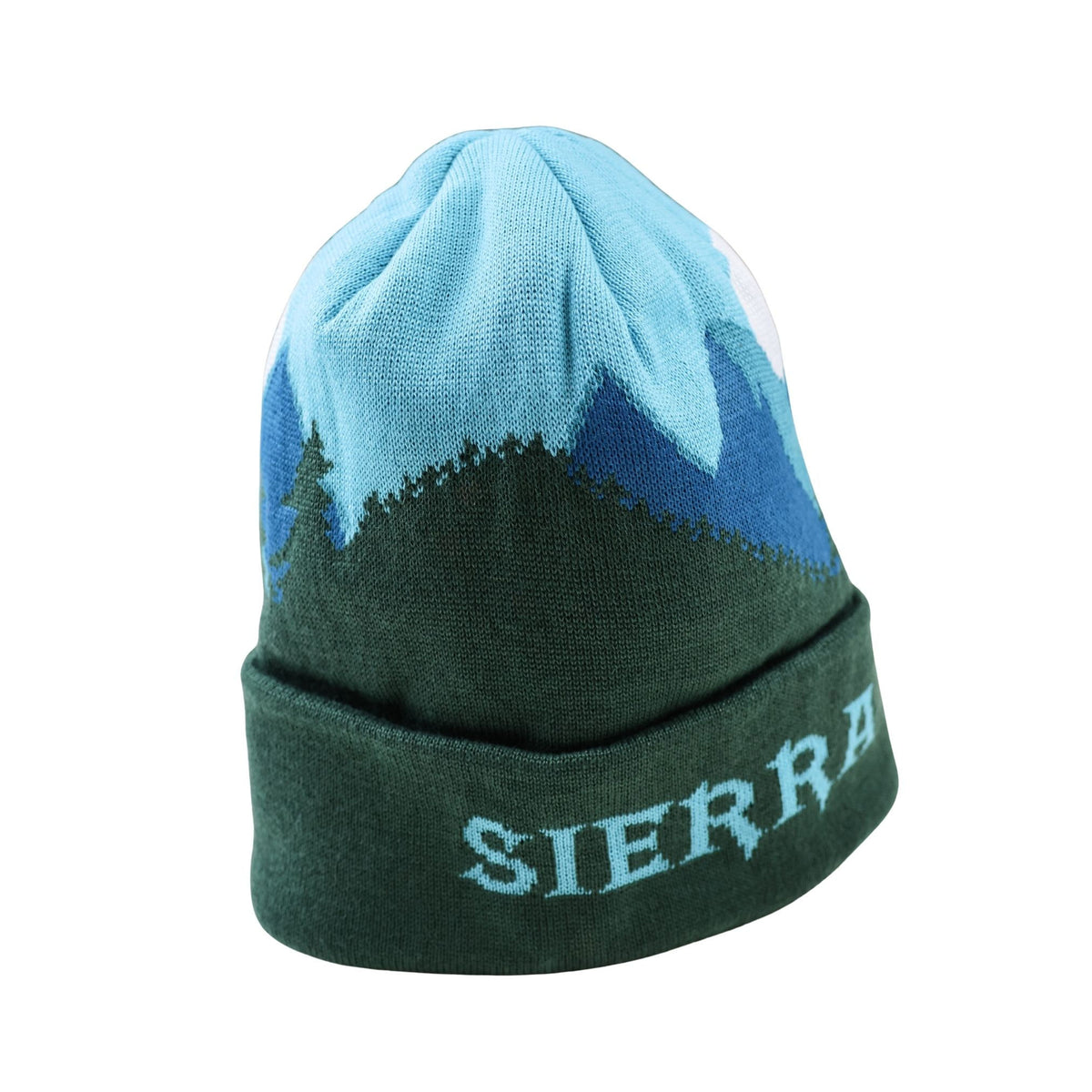 Beanie with mountain design and 'SIERRA' branding on a white background