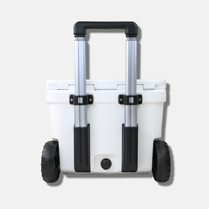 Thumbnail of White cooler with black wheels and handle on a light gray background