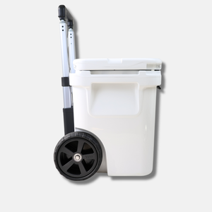 Thumbnail of White cooler with black wheels on a light gray background