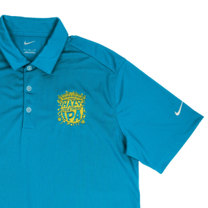 Thumbnail of Blue polo shirt with yellow logo and text on a white background