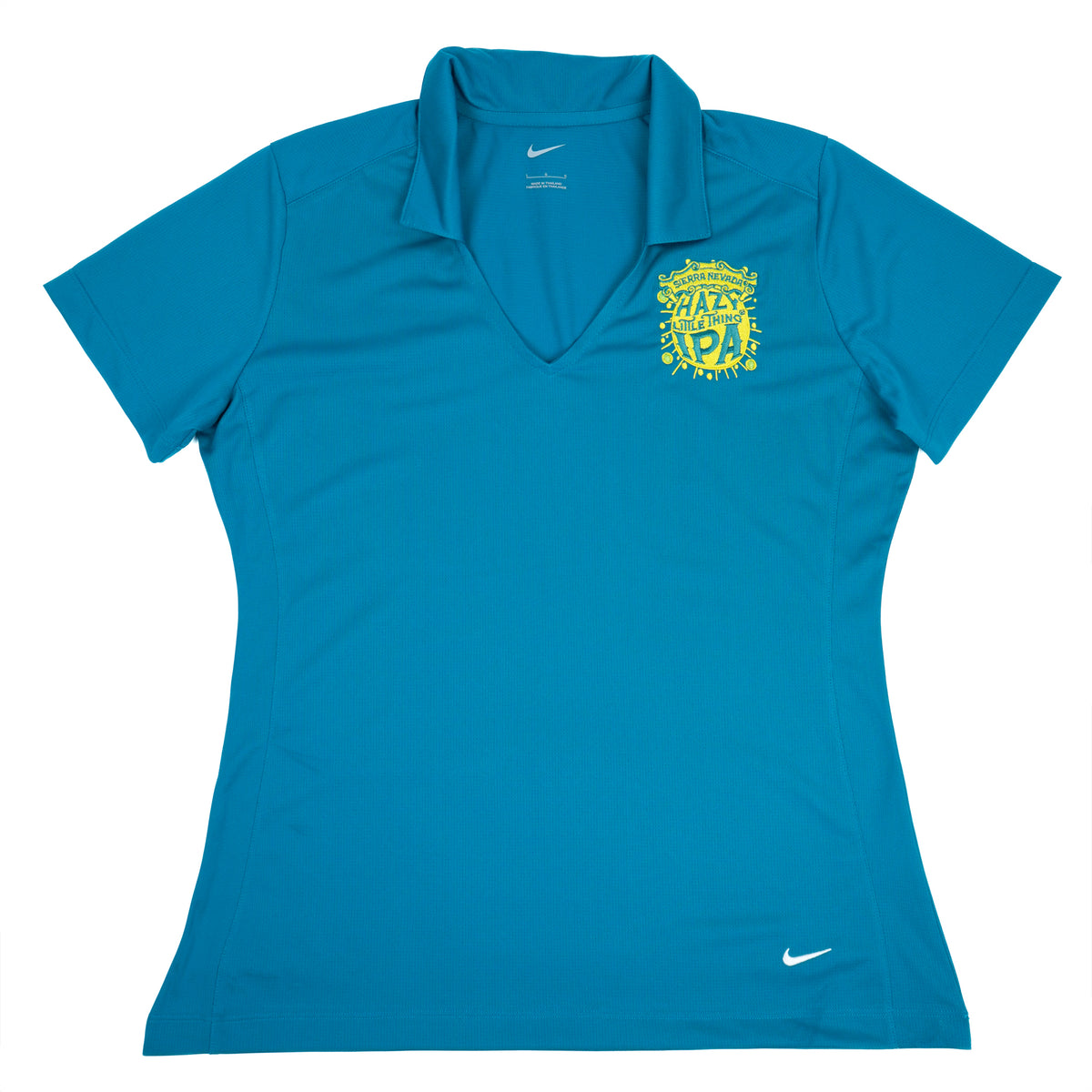 Blue Nike polo shirt with yellow logo on a white background