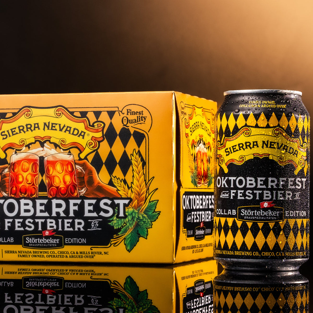 Sierra Nevada Oktoberfest Festbier can and box on a reflective surface with a dark background