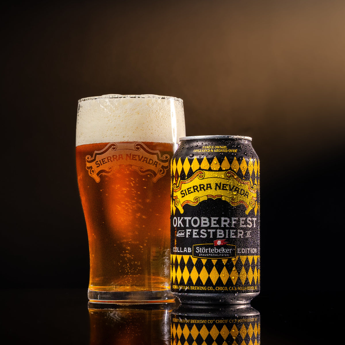 Sierra Nevada Oktoberfest beer can and glass on a dark background