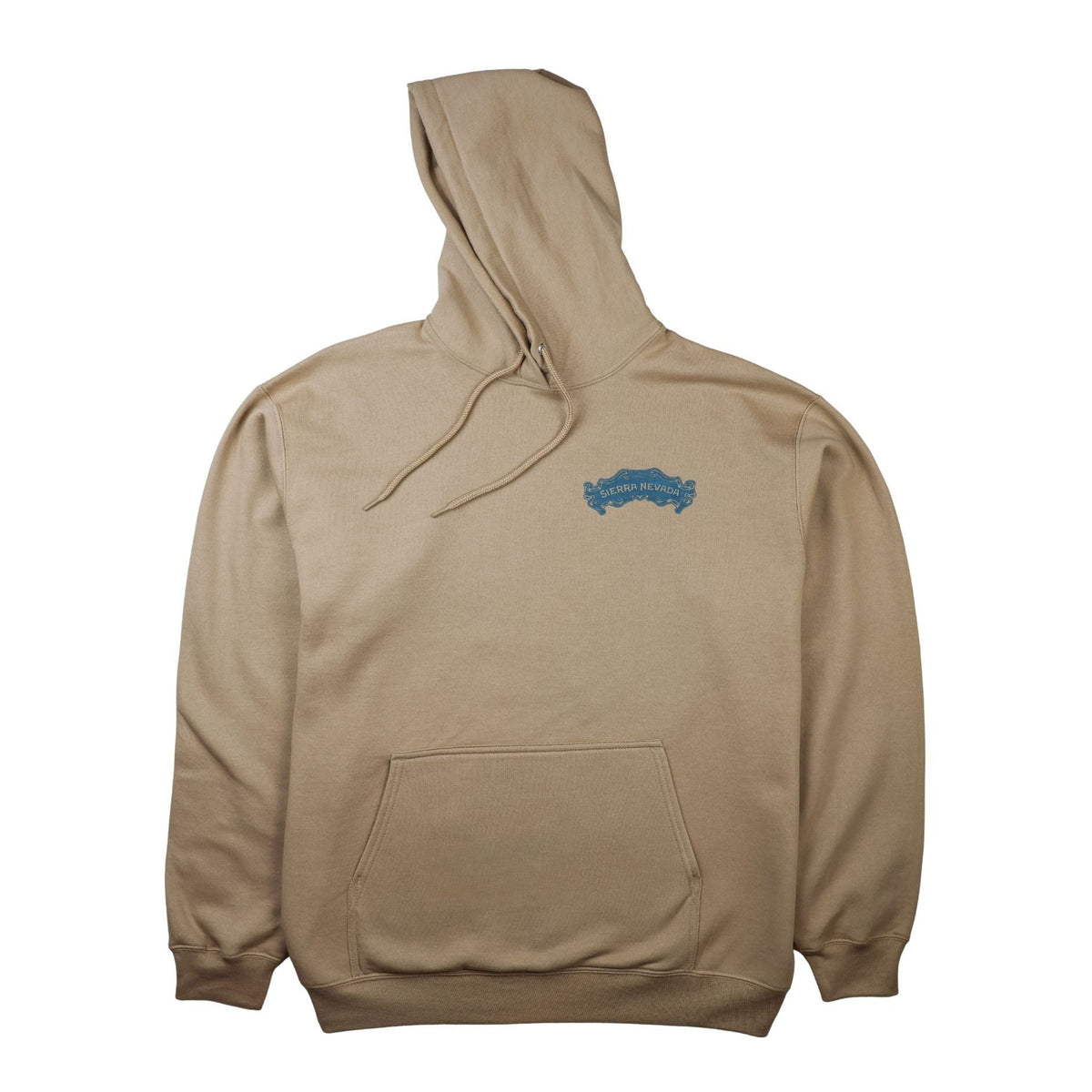 Beige hoodie with a small logo on the chest against a white background