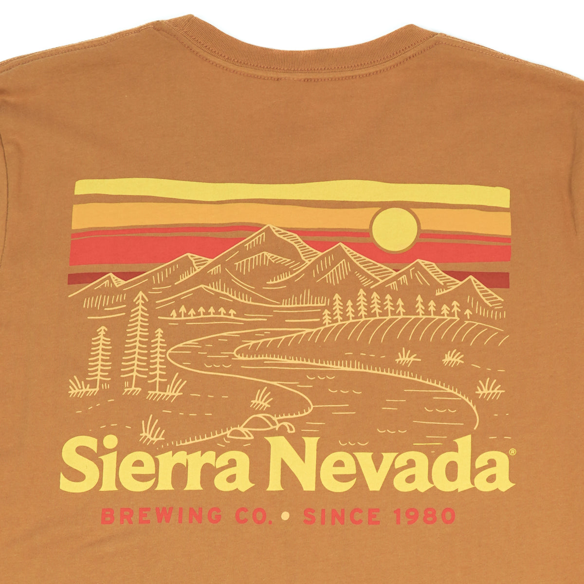 Brown t-shirt with Sierra Nevada Brewing Co. graphic design on a white background