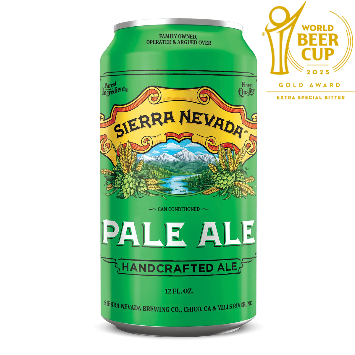 Green can of Sierra Nevada Pale Ale with World Beer Cup award logo on a white background