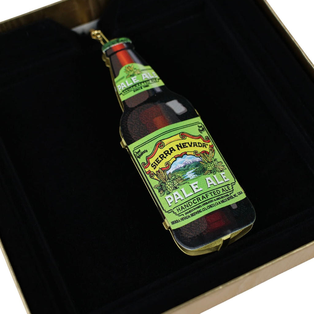 Sierra Nevada Pale Ale bottle ornament on a black background