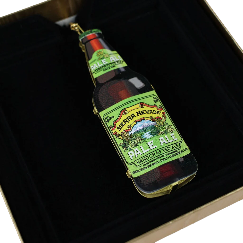 Sierra Nevada Pale Ale bottle-shaped ornament on a black background