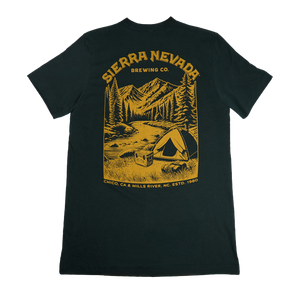 Thumbnail of Black t-shirt with yellow graphic design on a white background