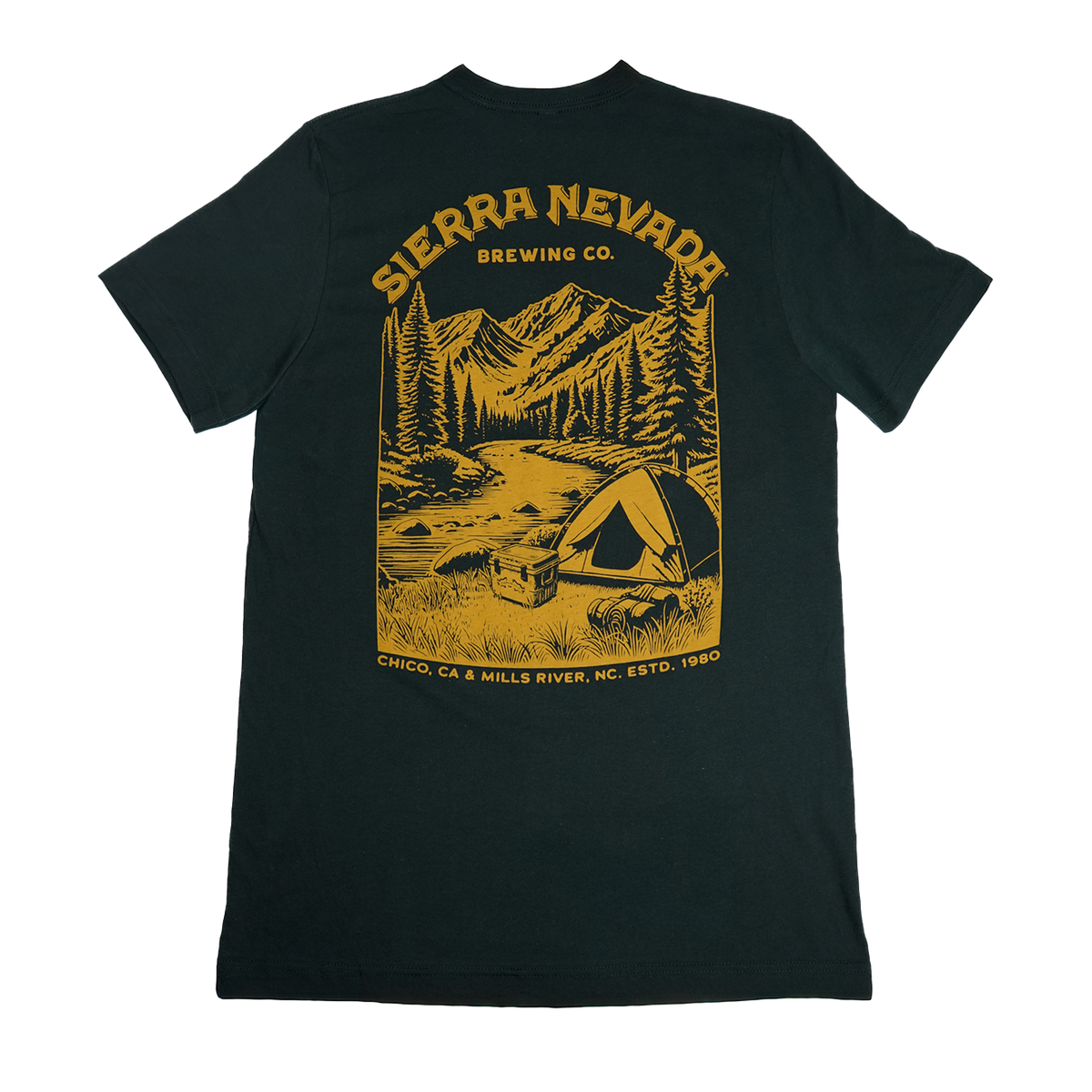 Black t-shirt with yellow graphic design on a white background