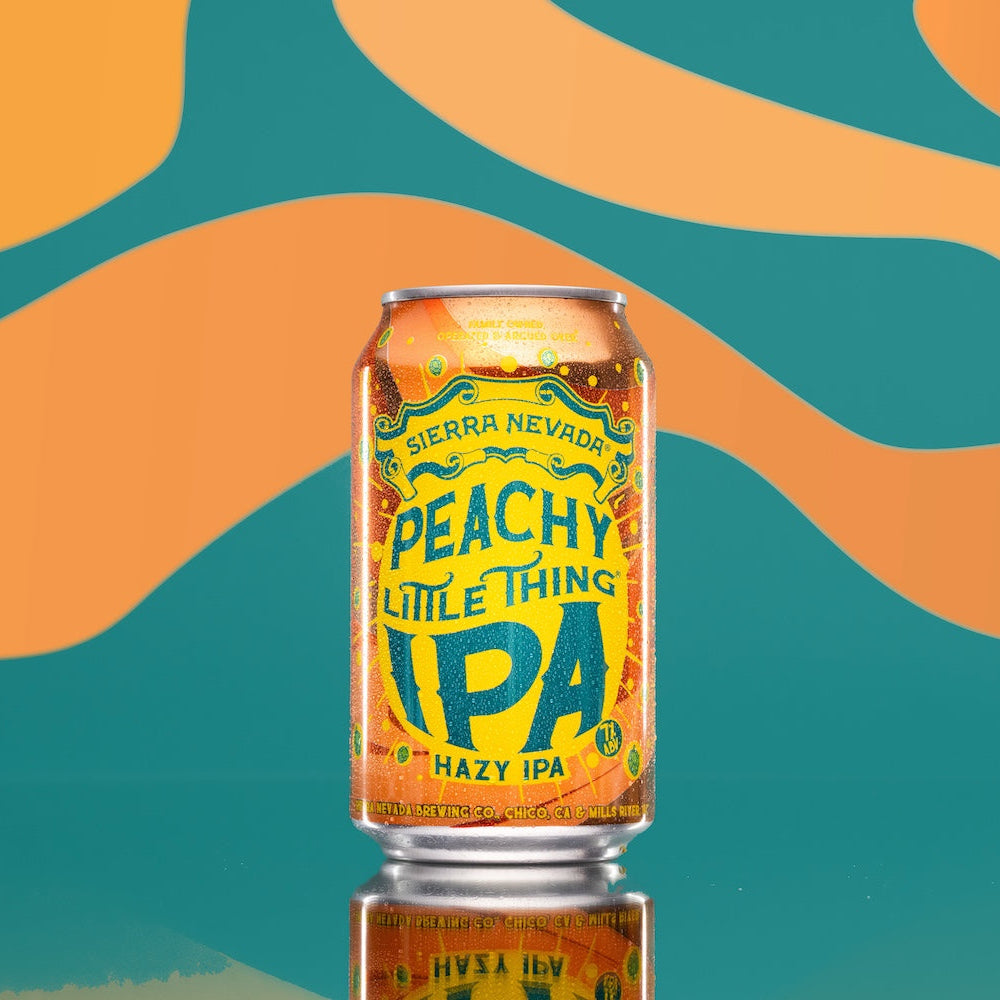 Can of Sierra Nevada Peachy Little Thing IPA on a colorful background