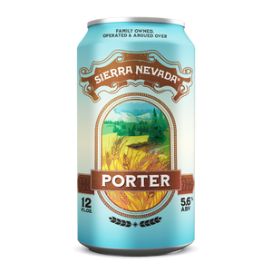 Thumbnail of A 12 fl oz can of Sierra Nevada Porter beer, featuring a light blue and white design with a central illustration of a wheat field and mountains, and brown decorative banners with white text.