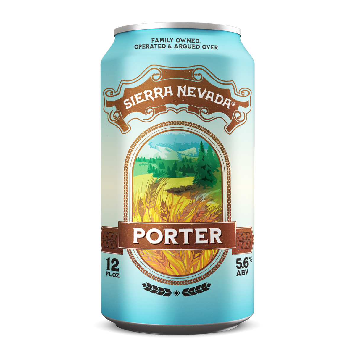 A 12 fl oz can of Sierra Nevada Porter beer, featuring a light blue and white design with a central illustration of a wheat field and mountains, and brown decorative banners with white text.