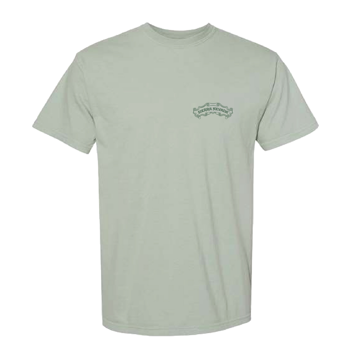 A light sage green crewneck t-shirt with a small dark green graphic on the left chest, displayed on a solid white background.