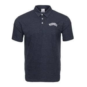 Thumbnail of A dark heather gray short-sleeve polo shirt with a three-button placket and a white embroidered logo on the left chest, displayed on a solid white background.