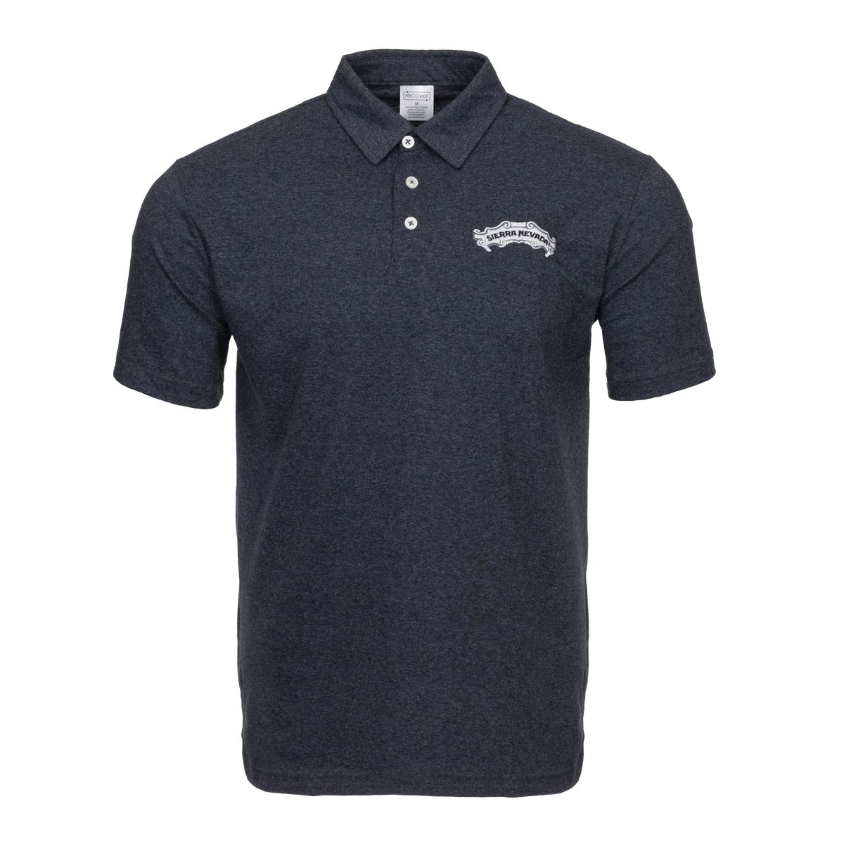 A dark heather gray short-sleeve polo shirt with a three-button placket and a white embroidered logo on the left chest, displayed on a solid white background.