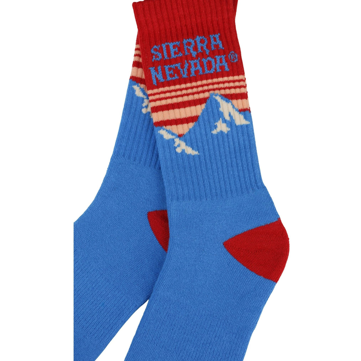 Blue and red socks with 'Sierra Nevada' branding on a white background