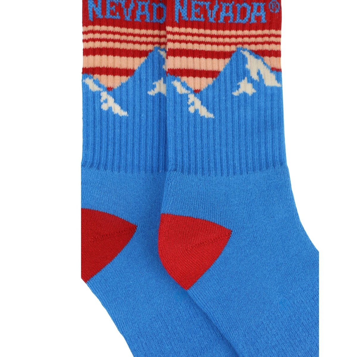 Blue socks with red accents and 'Nevada' branding on a white background