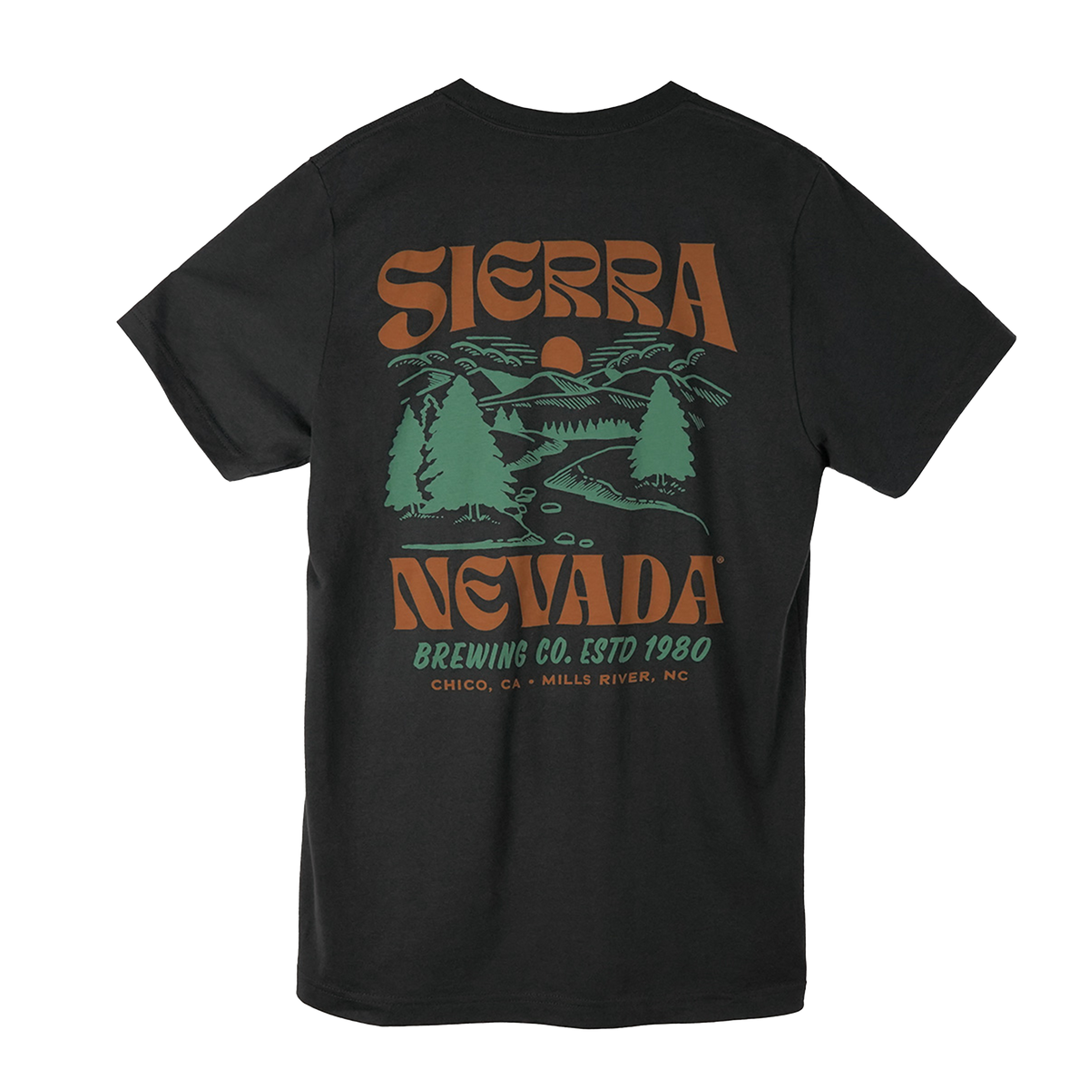 Black t-shirt with Sierra Nevada Brewing Co. graphic on a white background