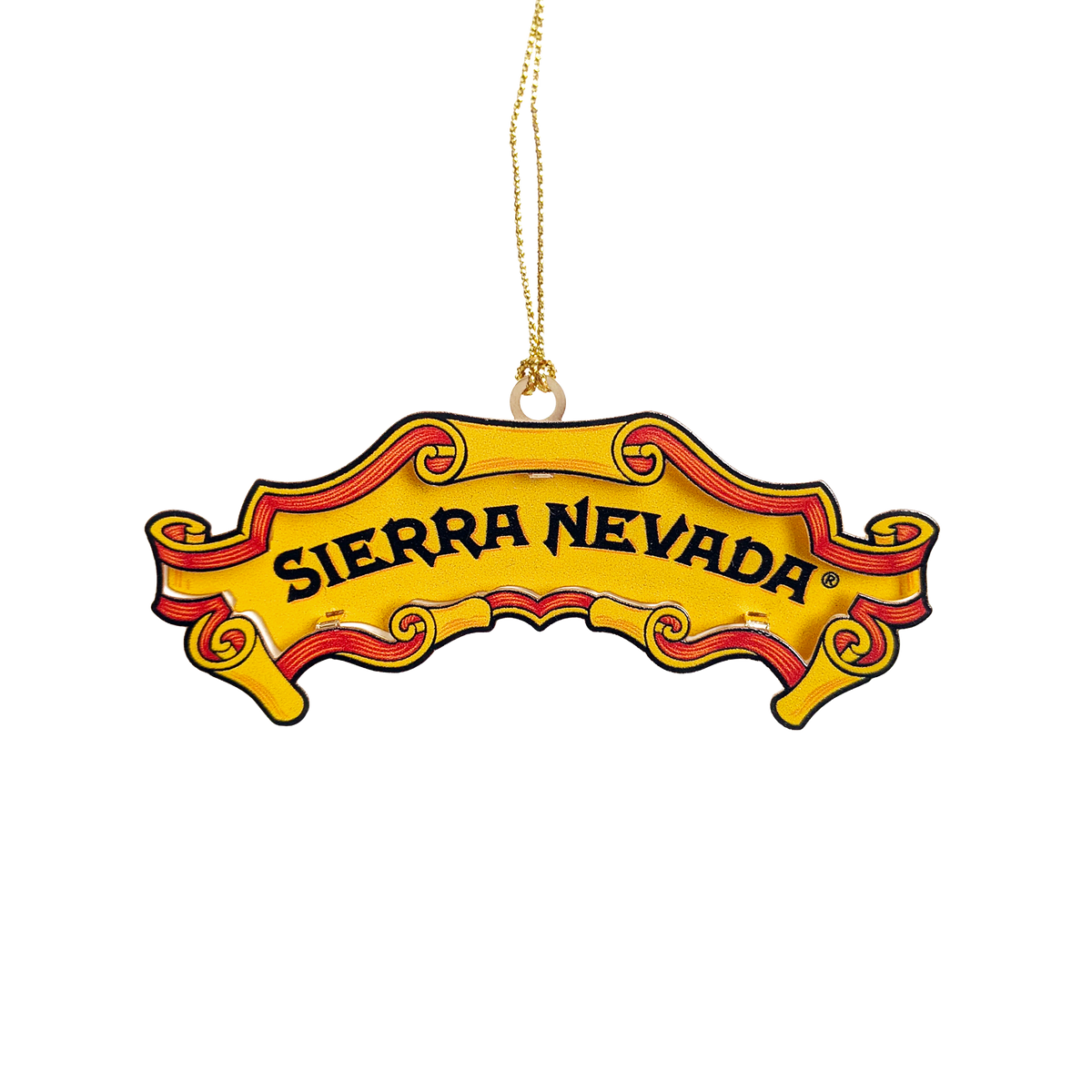A novelty Christmas ornament shaped like a vintage Sierra Nevada beer label, featuring a yellow background with red and black scrollwork and the words 'SIERRA NEVADA' in black. A gold hanging loop is attached at the top, shown against a plain white background.