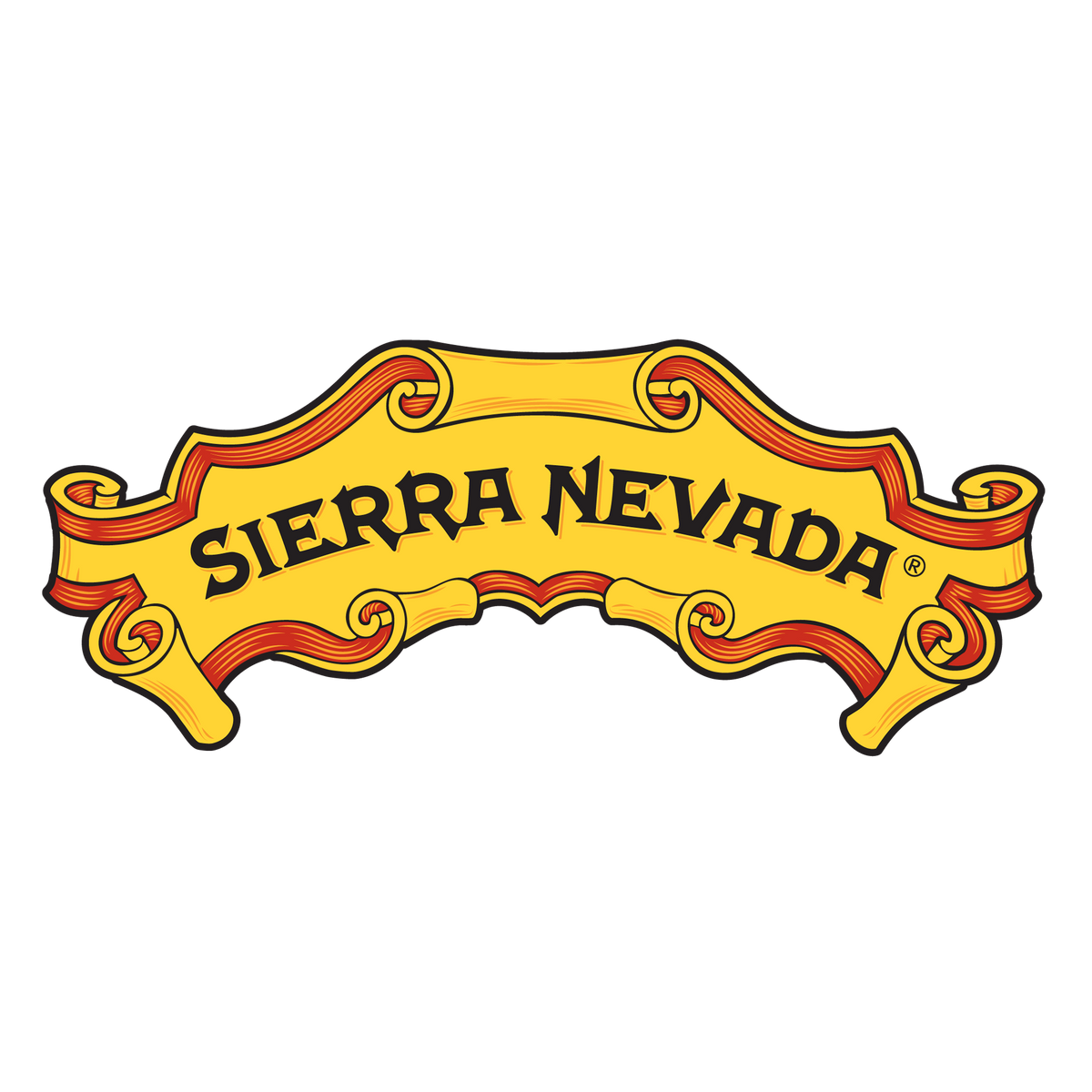 A stylized yellow banner decal with the words 'SIERRA NEVADA' in black lettering, outlined in red and black, on a plain white background.