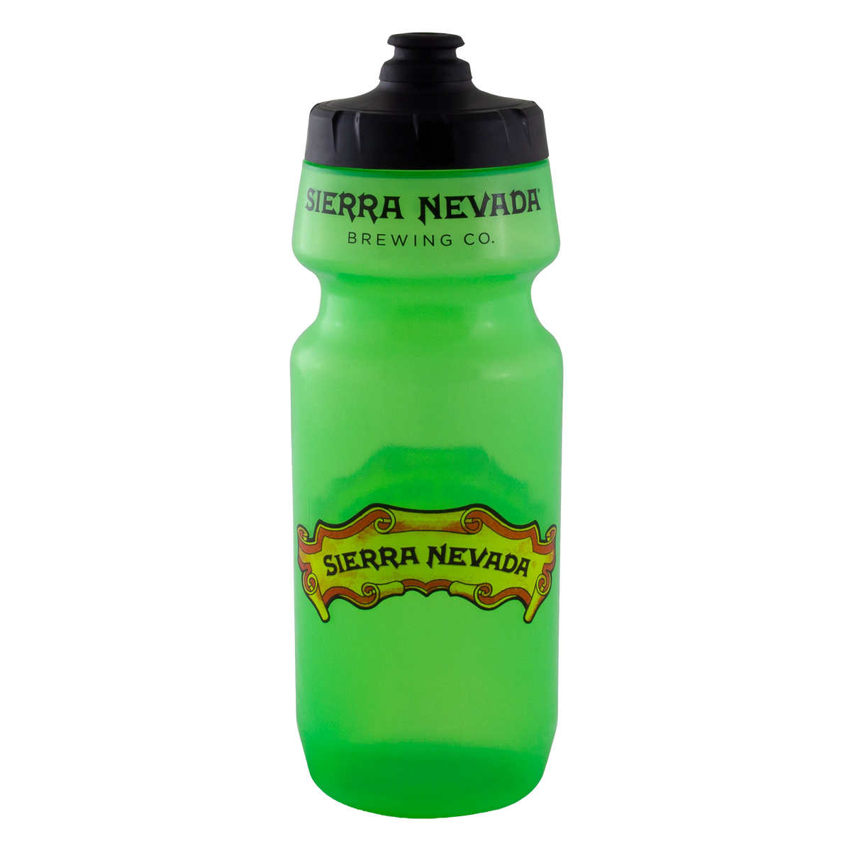 A bright green plastic water bottle with a black screw cap, featuring the 'Sierra Nevada Brewing Co.' logo printed on the neck and a larger decorative logo on the front.
