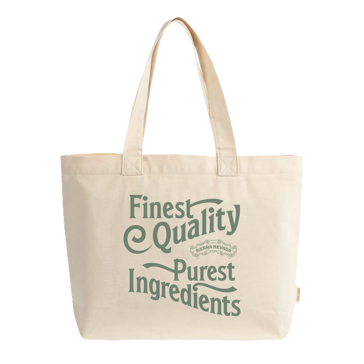 A natural canvas tote bag with dark green printed text reading 'Finest Quality Purest Ingredients' and a small 'Sierra Nevada' logo, shown on a plain white background.