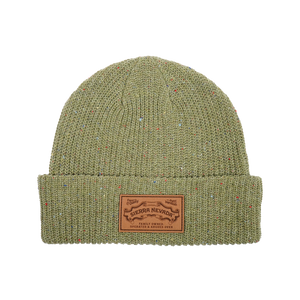 Thumbnail of Green knit beanie with a leather patch on a white background