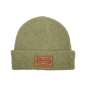 Thumbnail of An olive green knit beanie hat with a brown leather patch on the front cuff. The patch features the brand name 'SIERRA NEVADA'.