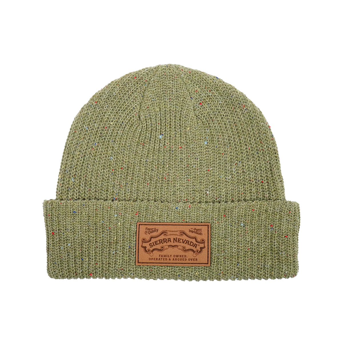 An olive green knit beanie hat with a brown leather patch on the front cuff. The patch features the brand name 'SIERRA NEVADA'.