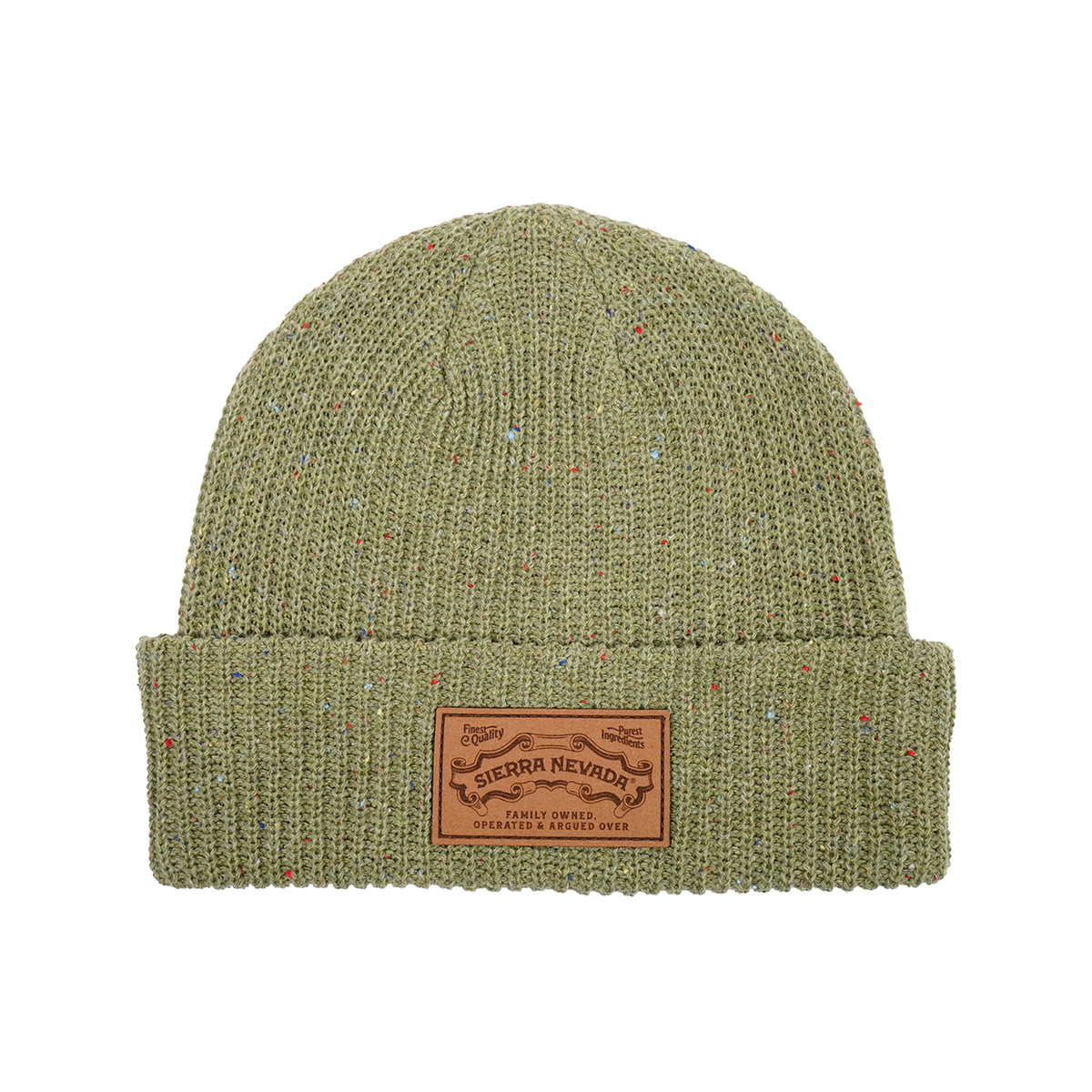 Green knit beanie with a leather patch on a white background