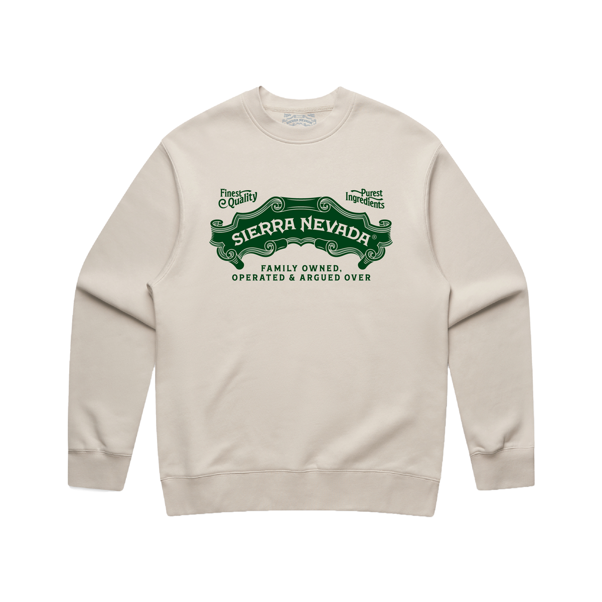 Cream sweatshirt with green Sierra Nevada logo on a white background