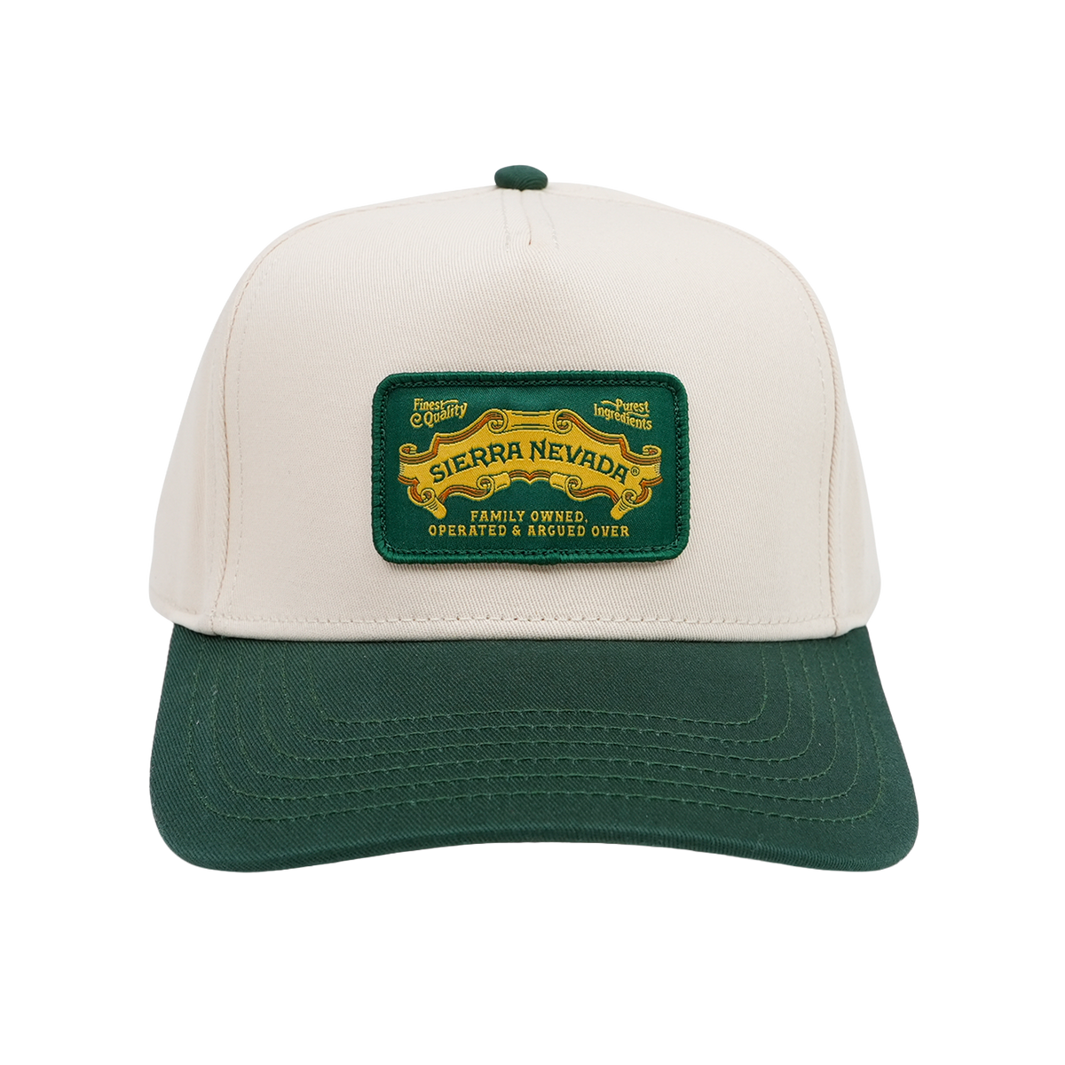 Beige and green cap with a logo on a white background