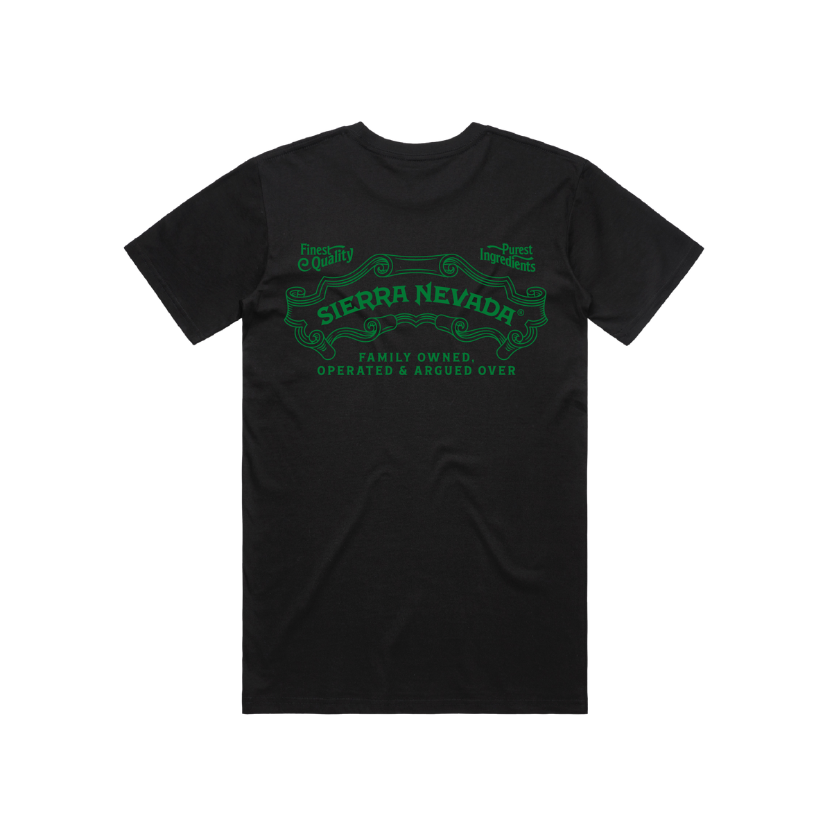 Black t-shirt with green Sierra Nevada logo on a white background