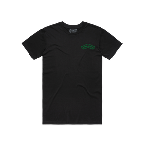 Thumbnail of Black t-shirt with a green logo on a white background