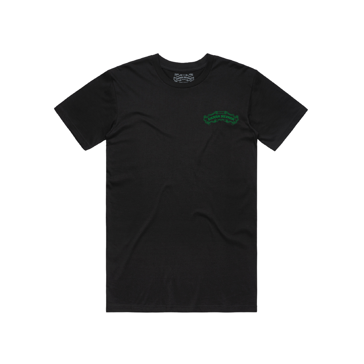 Black t-shirt with a green logo on a white background