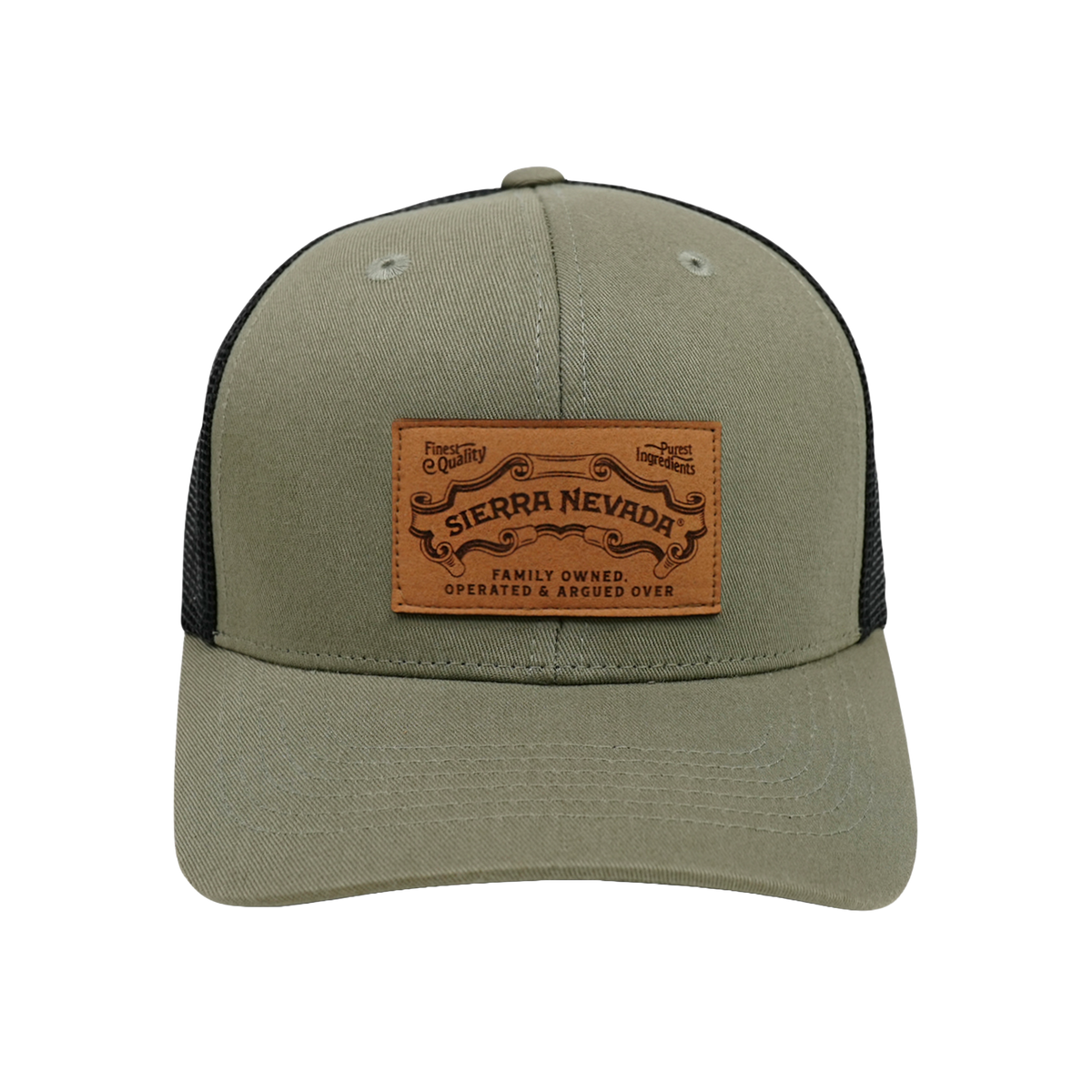 Green cap with a leather patch featuring 'Sierra Nevada' branding on a white background