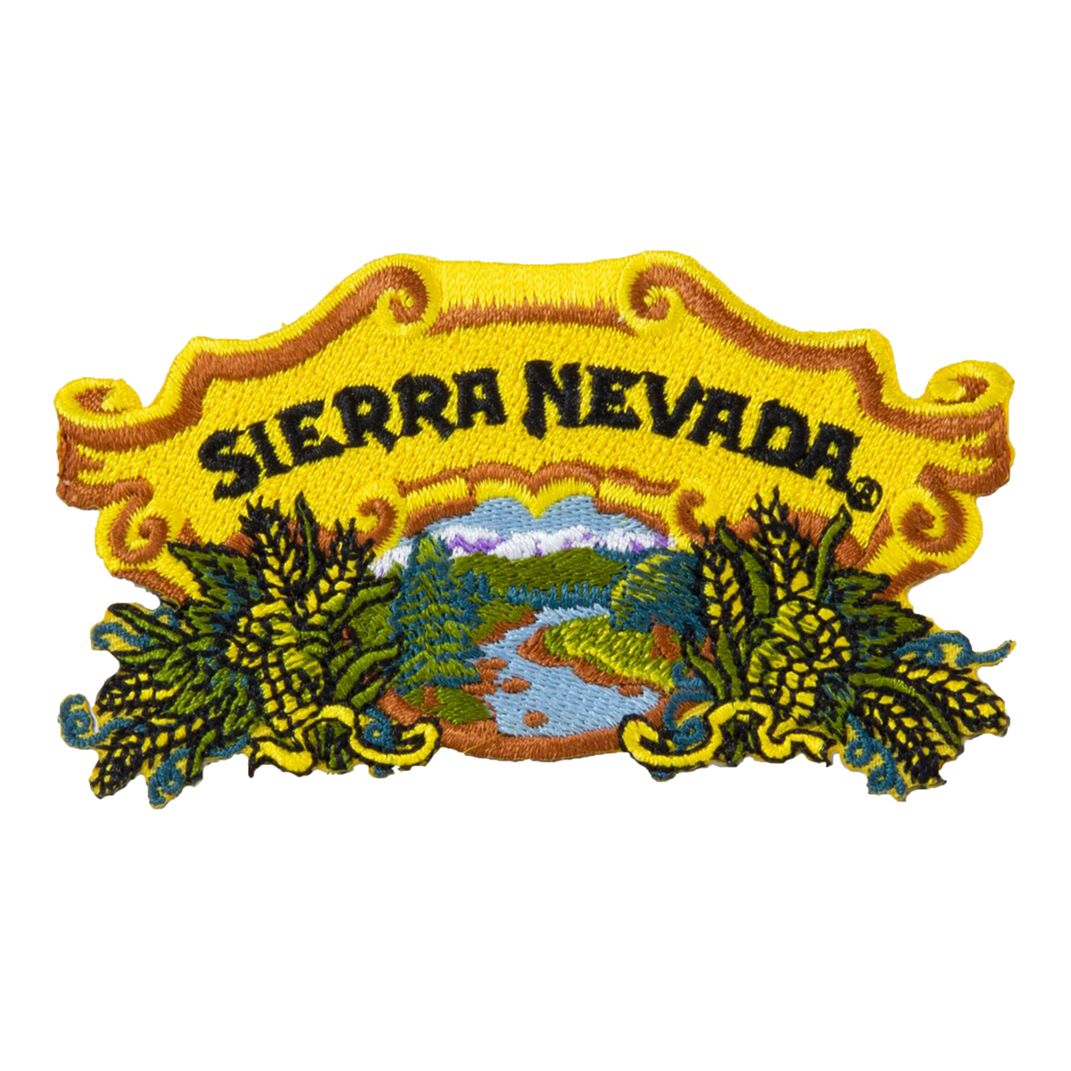 An embroidered patch featuring the text 'SIERRA NEVADA' in black letters on a yellow scroll, with a scenic landscape of green trees, blue water, and yellow hops or hops-like plants below.