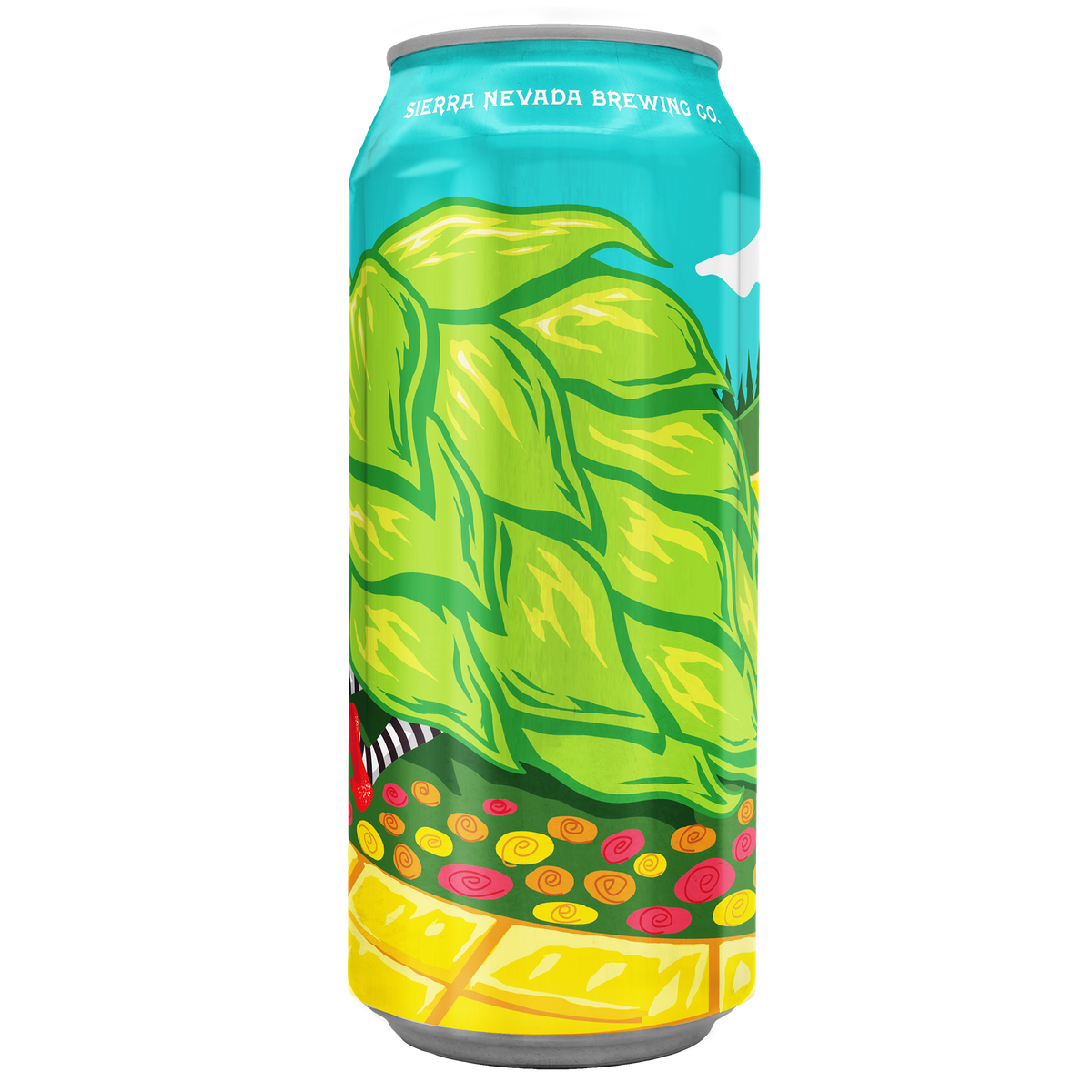 Colorful Sierra Nevada Brewing Co. beer can with hop design on a white background