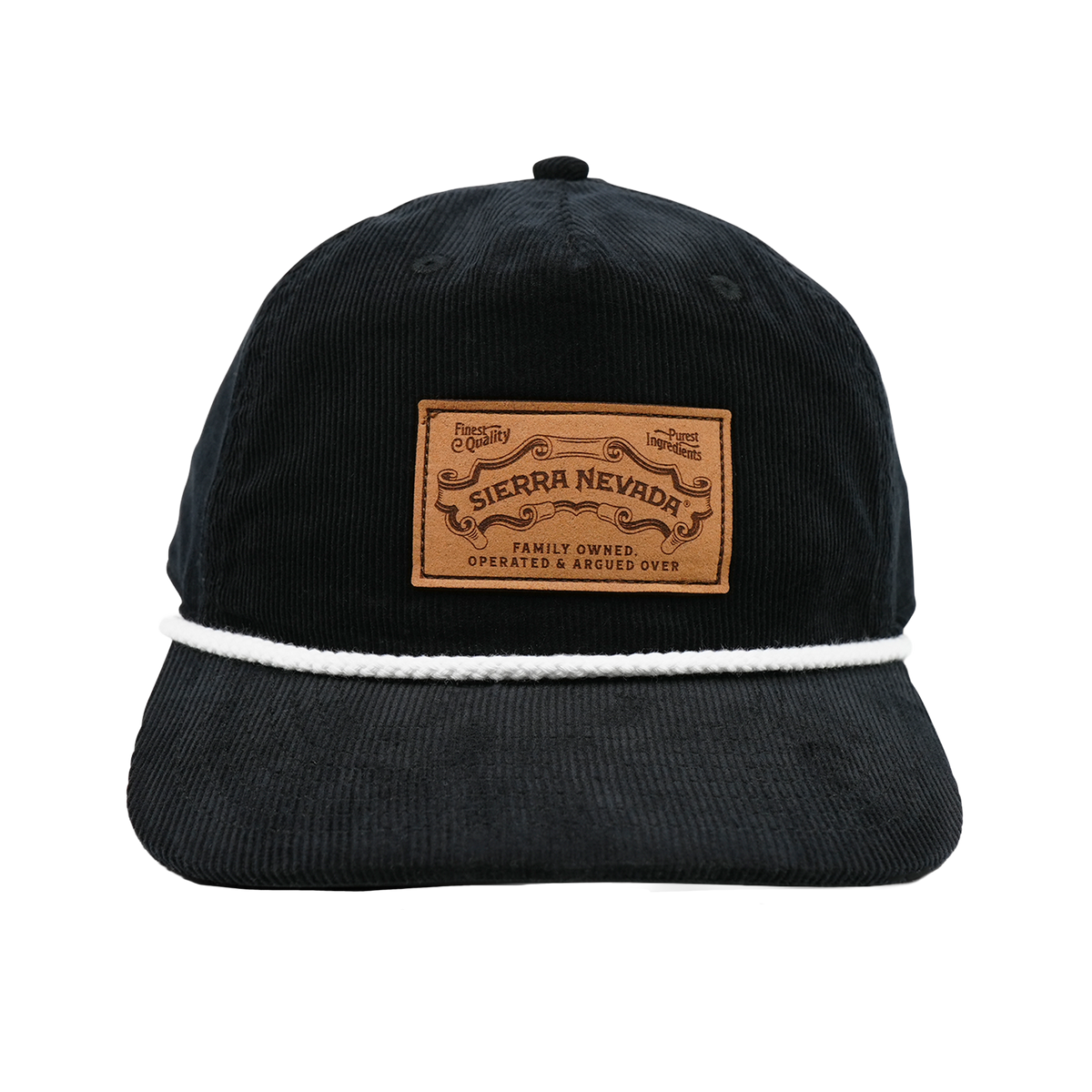 Black cap with a brown leather patch featuring 'Sierra Nevada' branding on a white background.