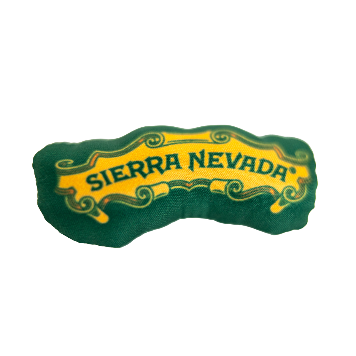 A green and yellow cat toy featuring the text 'SIERRA NEVADA' in dark green lettering on a yellow background with decorative scrollwork.