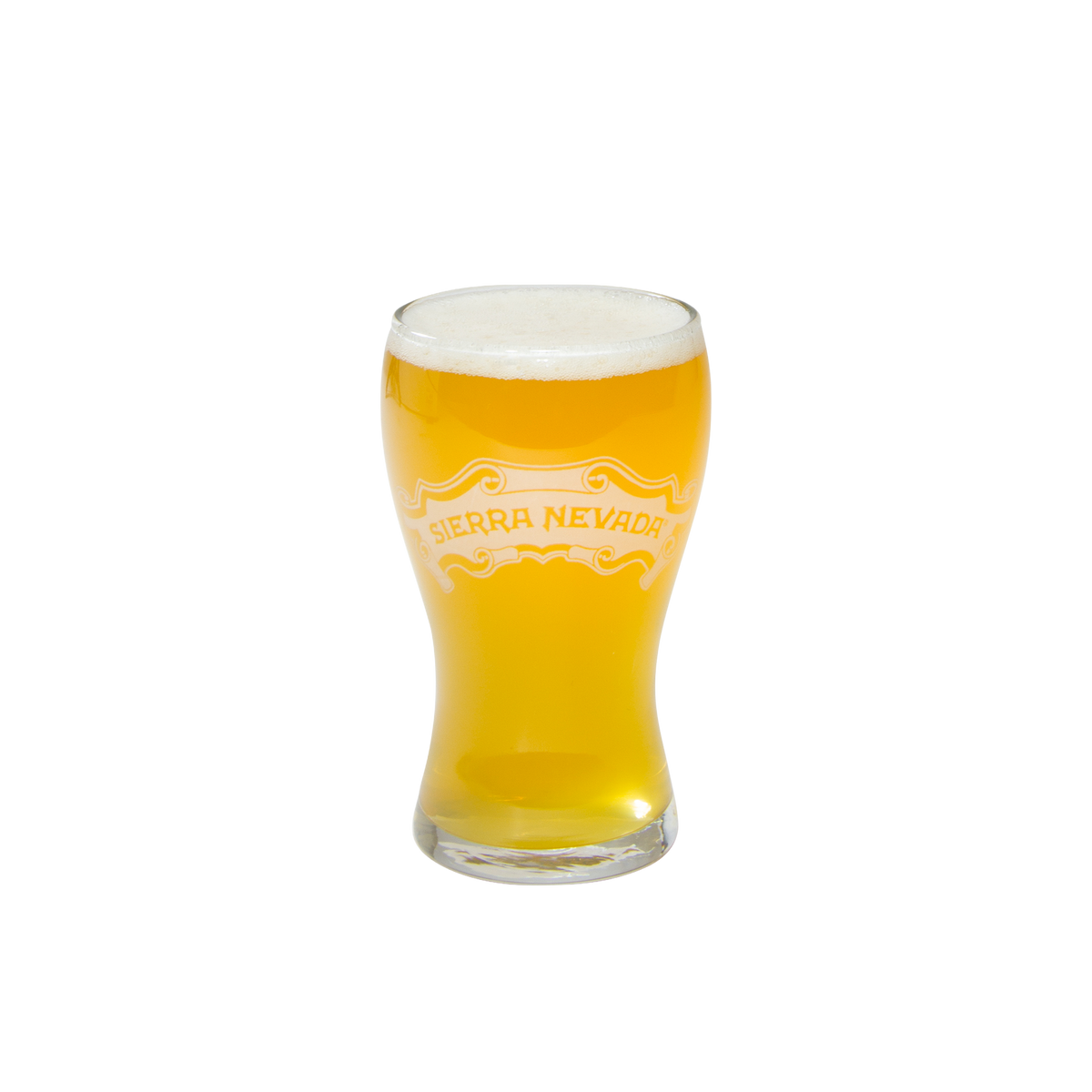 A clear glass pint glass filled with golden beer and topped with white foam, featuring the 'Sierra Nevada' logo printed in gold on the front, isolated on a white background.