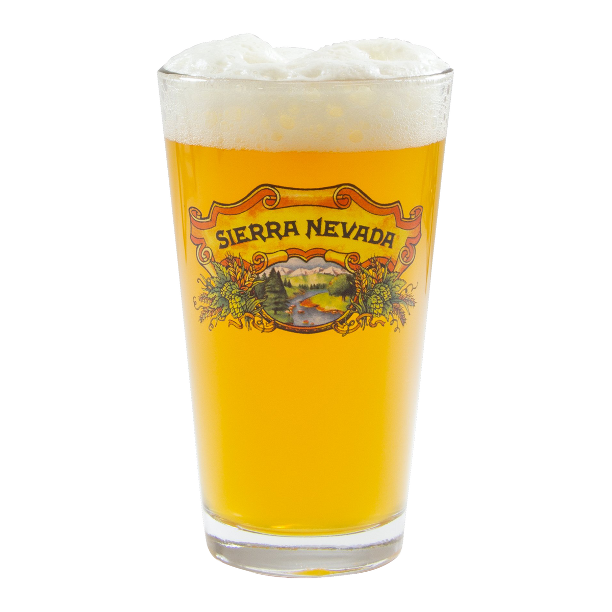 A clear pint glass filled with golden beer and topped with white foam, featuring a prominent 'SIERRA NEVADA' logo on the front, isolated on a white background.