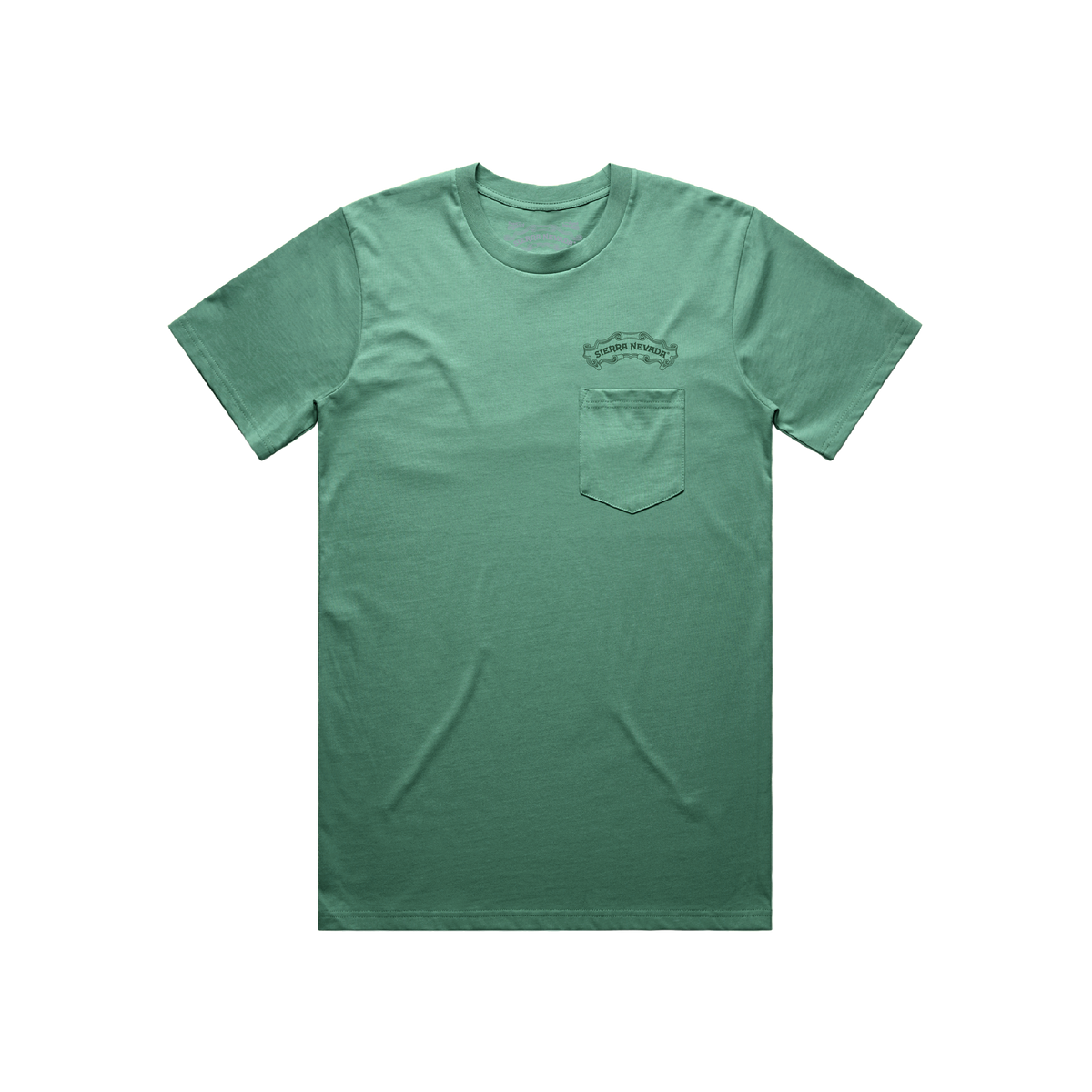 Green t-shirt with a pocket on a white background