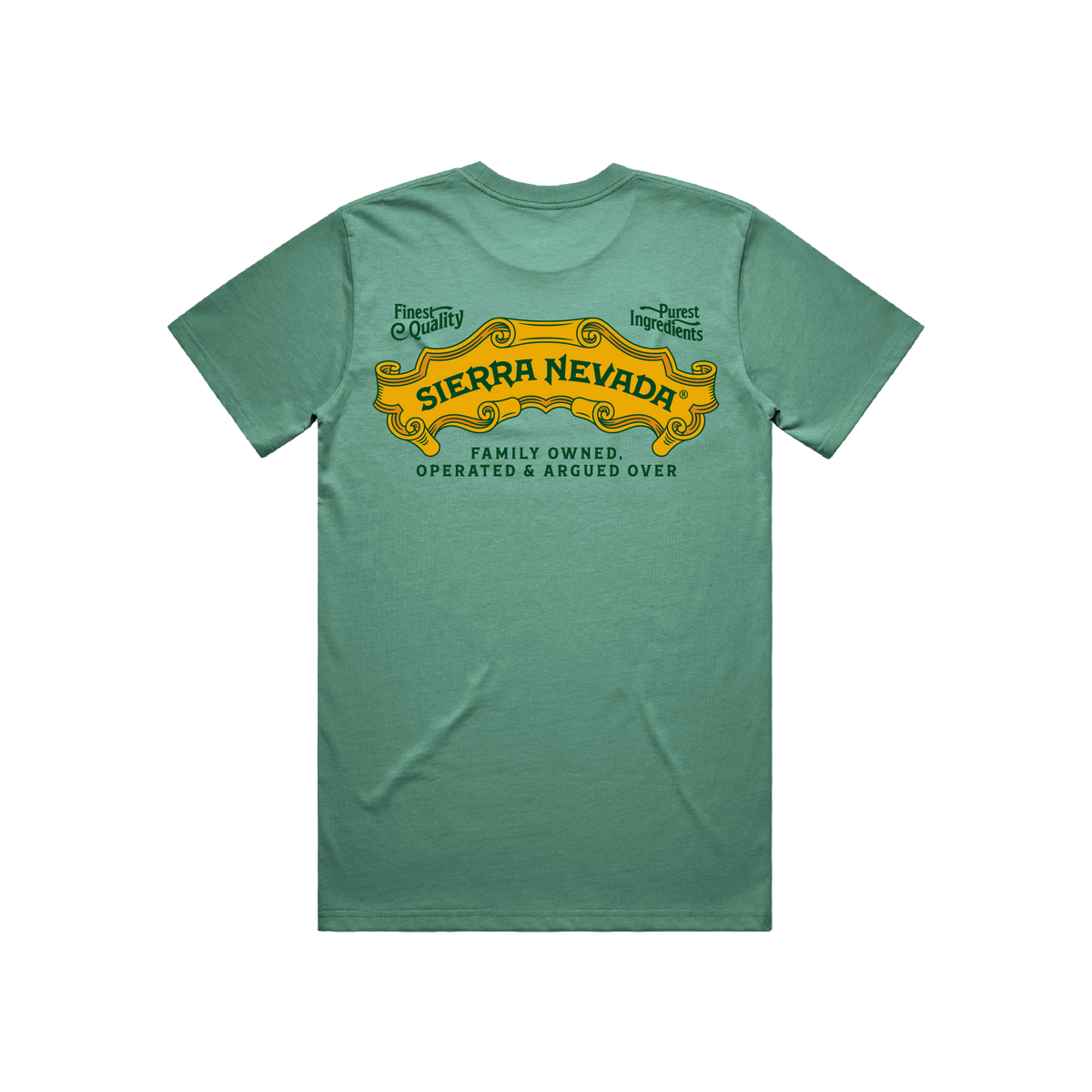 Green t-shirt with yellow Sierra Nevada logo on a white background