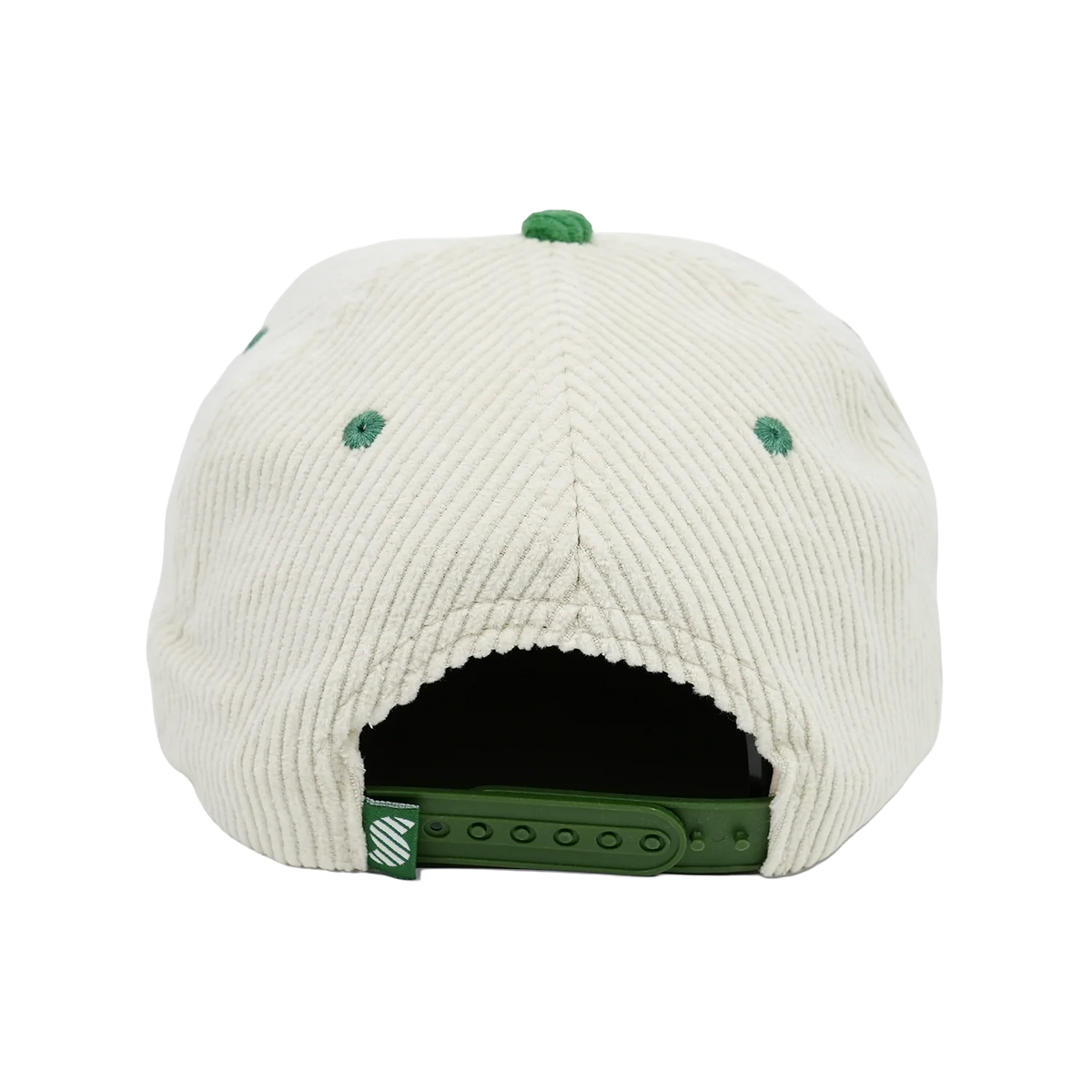 The back view of a white corduroy snapback cap with green accents on the button, eyelets, and adjustable strap.