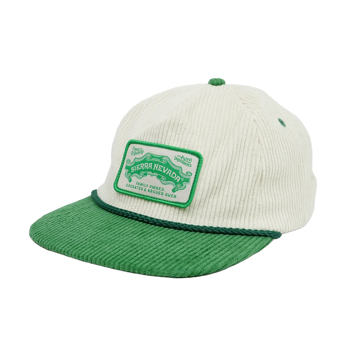 A corduroy baseball cap in off-white and green, featuring a green patch on the front with the brand name 'Sierra Nevada' and a green rope detail around the brim.